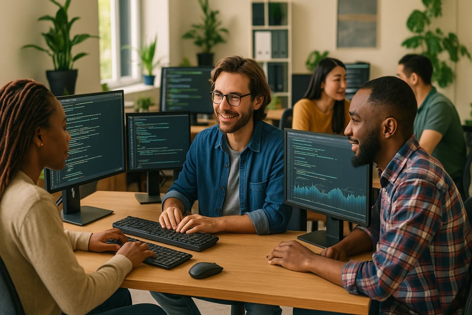 Un grupo diverso de programadores se encuentra inmerso en un ambiente de trabajo dinmico y colaborativo rodeados de pantallas con lneas de cdigo que parpadean y grficos de datos en tiempo real La oficina decorada con colores suaves y plantas verdes e-1