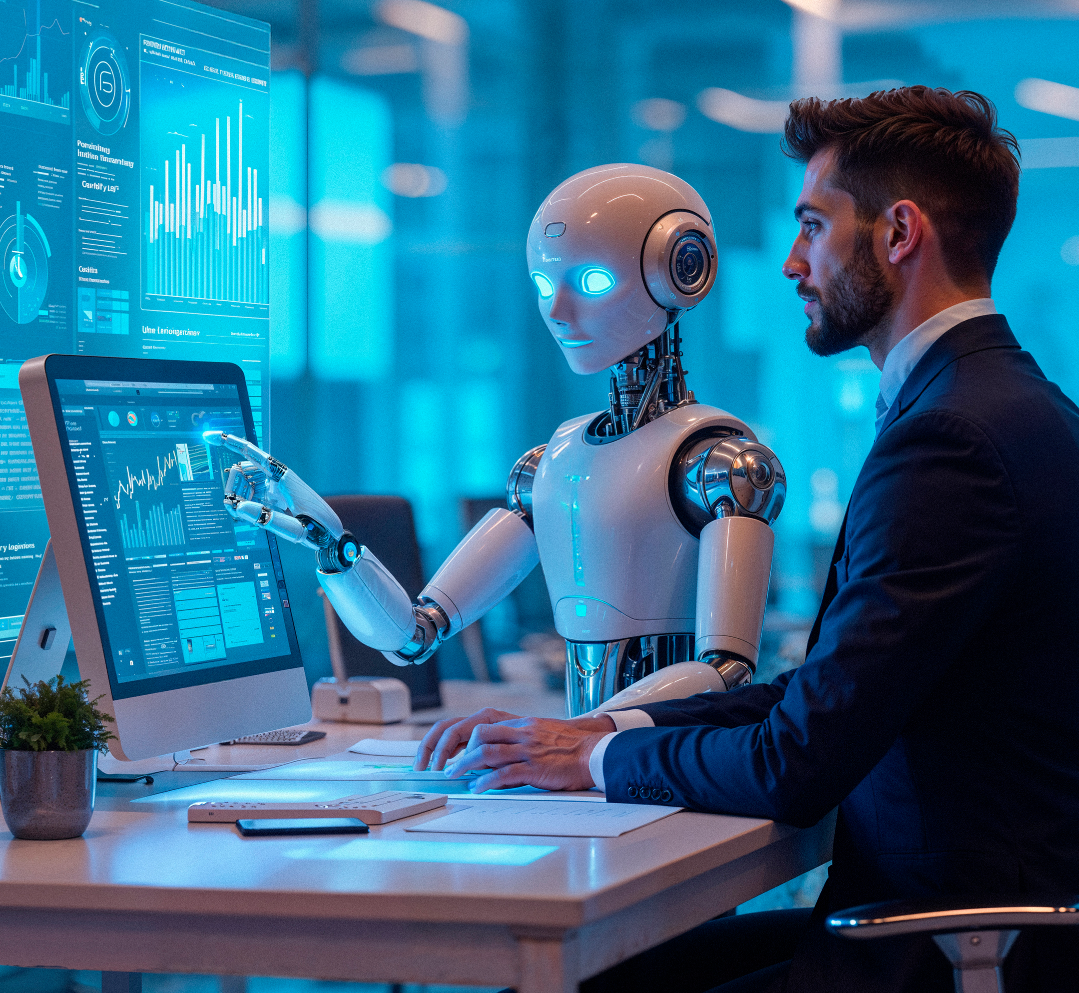 Hombre y robot analizando datos